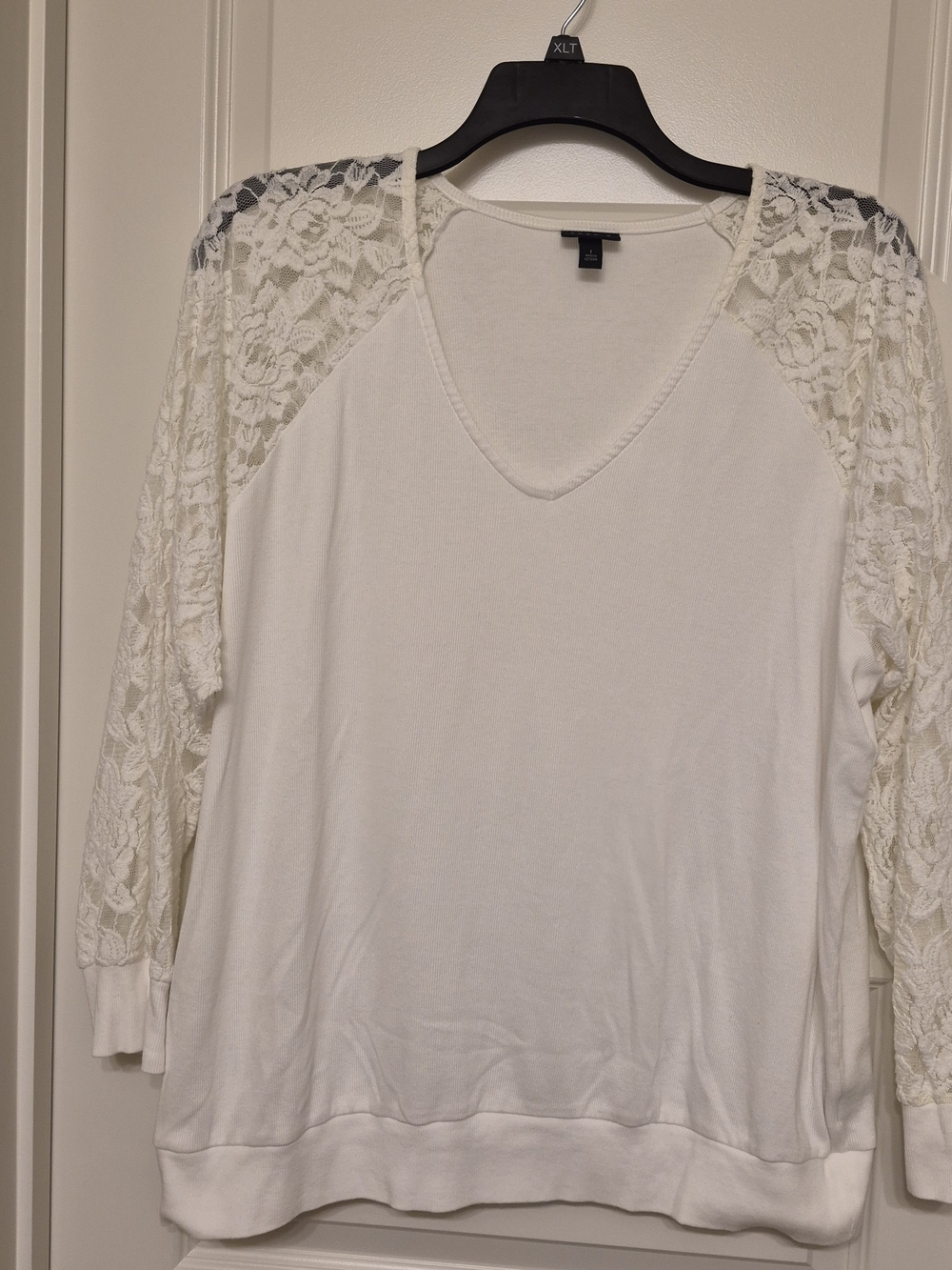 torrid White Lace-Sleeve V-Neck Sweatshirt